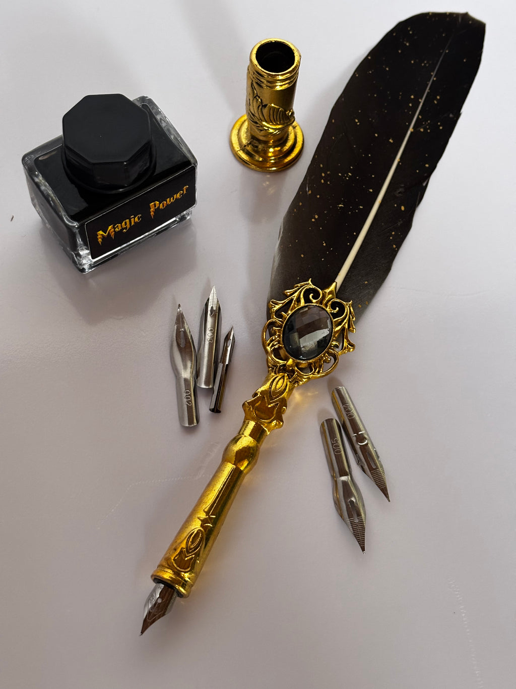 Set Calligrafia d'Epoca Penna d'Oca e Calamaio – Oro e Nero Barocco