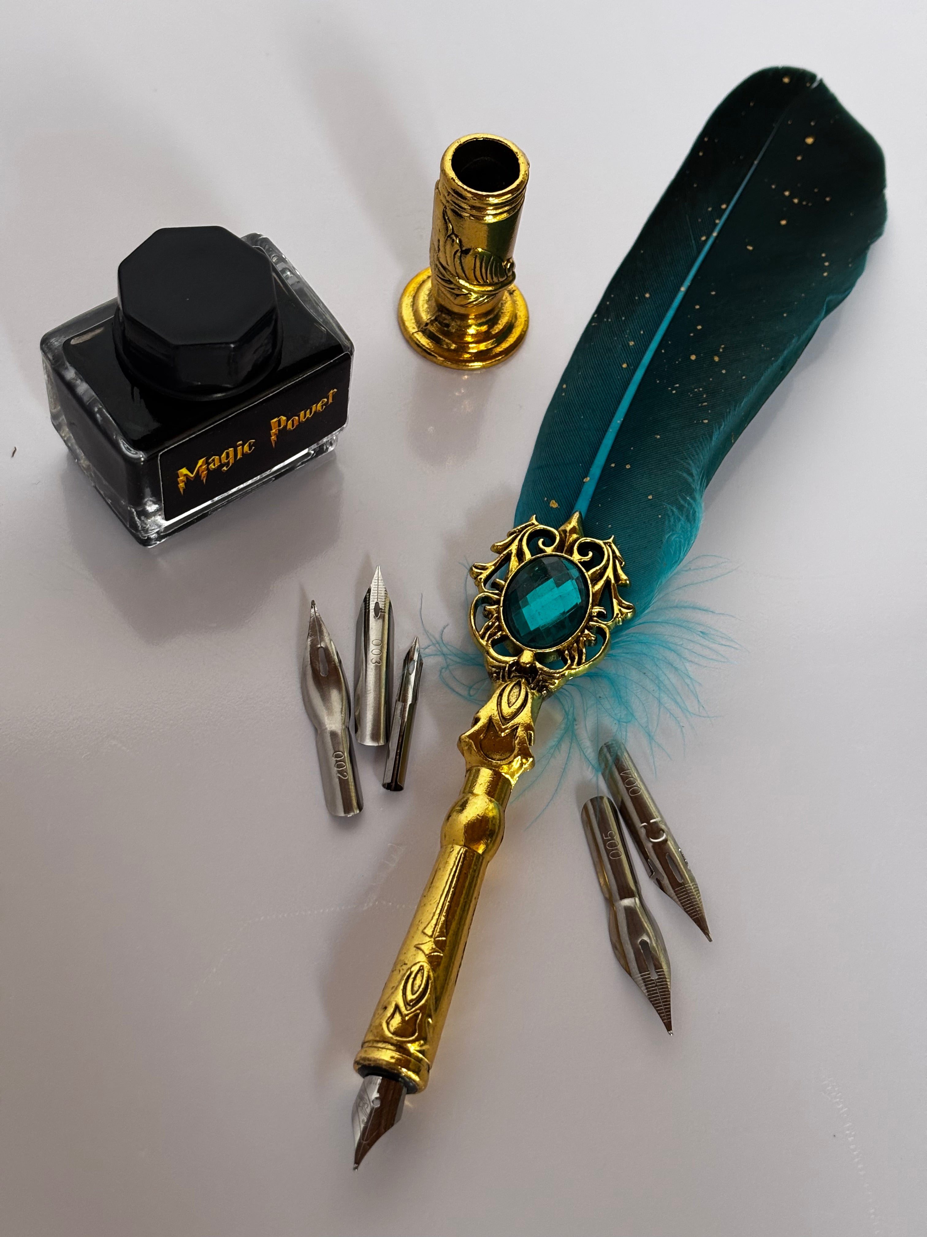 Set Calligrafia d'Epoca Penna d'Oca e Calamaio – Oro e Verde Smeraldo