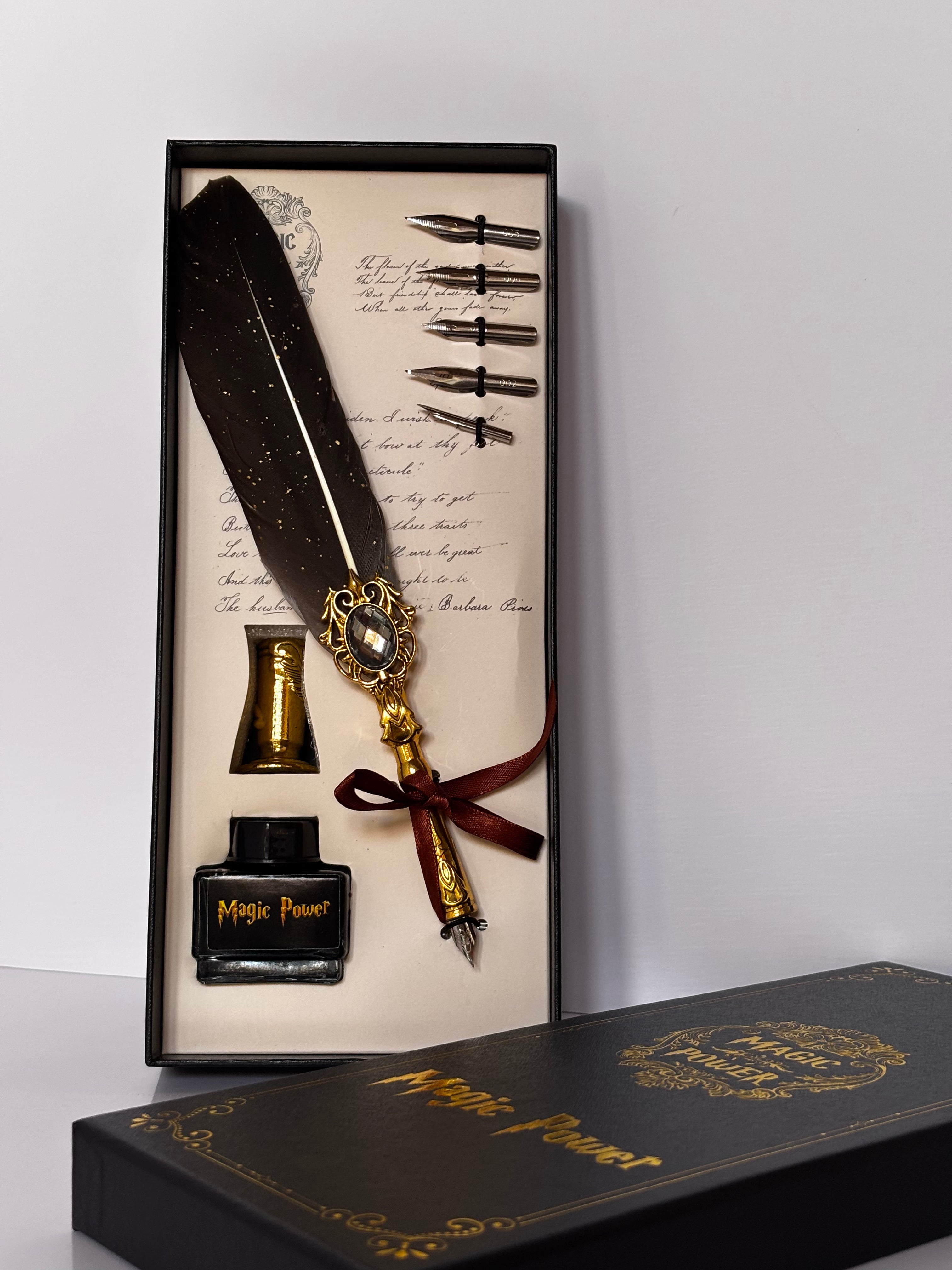 Set Calligrafia d'Epoca Penna d'Oca e Calamaio – Oro e Nero Barocco