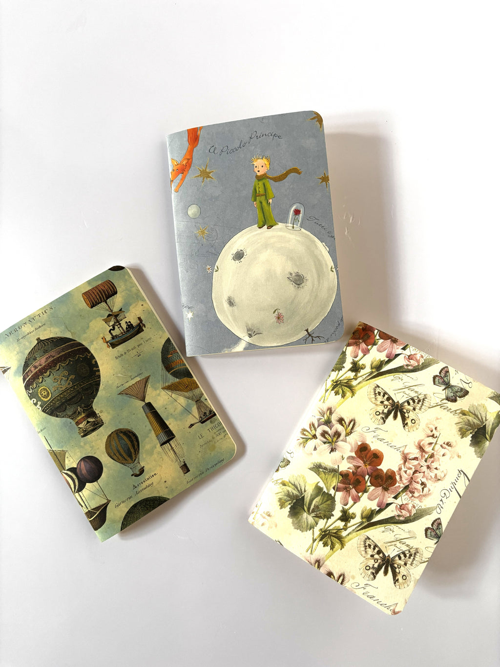 Tris di taccuini d'autore in formato A6 a pagine bianche selezionato da C.Moon con tre copertine diverse: Piccolo Principe, mongolfiere vintage e motivi floreali botanici con farfalle.